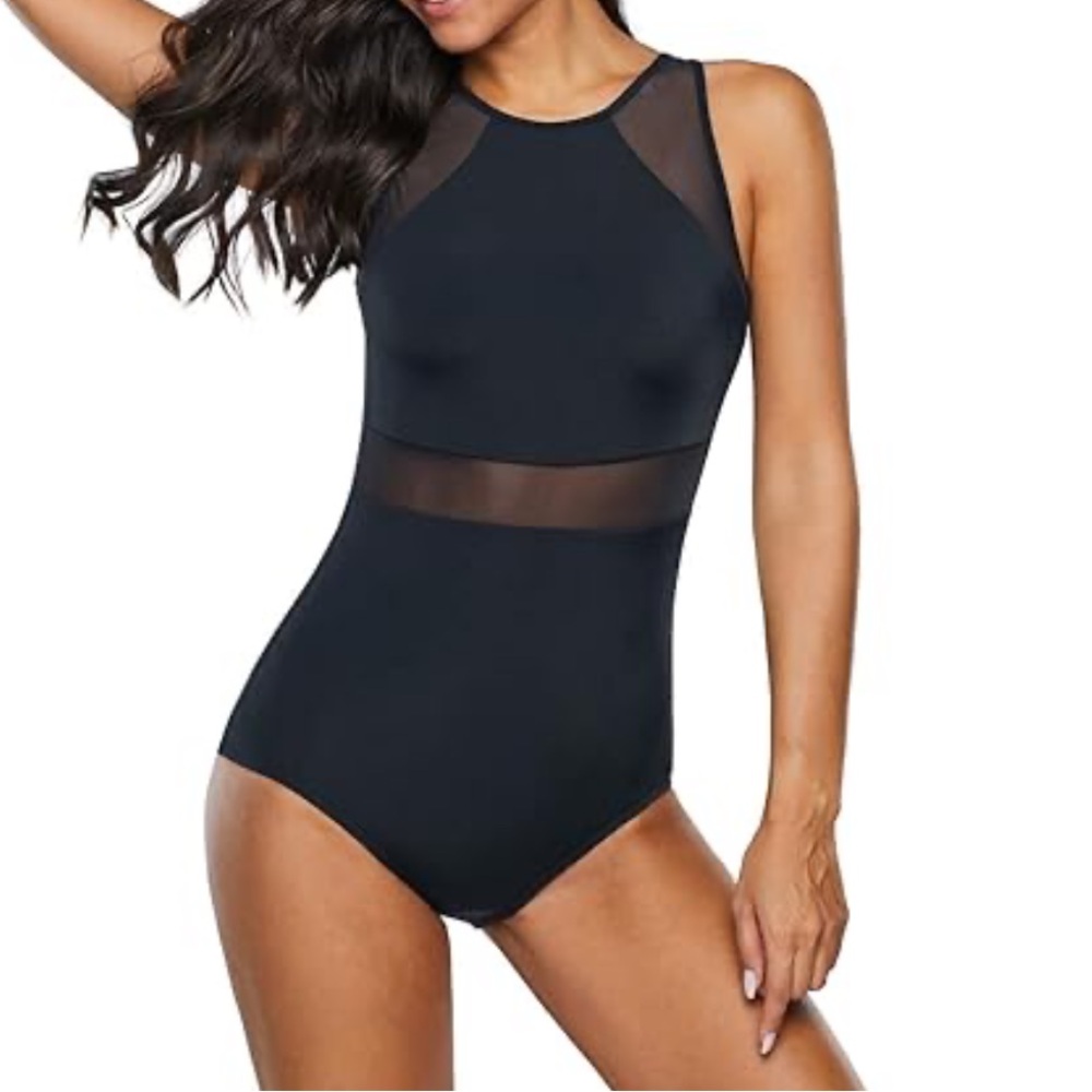 Jantzen Black High Neck One Piece Swimsuit Mesh Accents
